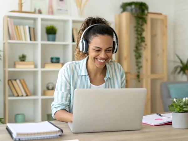 Assistente administrativo home office Bancorbrás analisando planilhas financeiras em laptop moderno