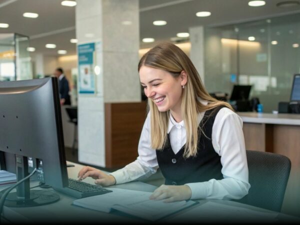 uma jovem mulher sorridente trabalhando no Santander
