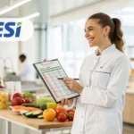 Profissional de nutrição planejando serviços de alimentação em cozinha industrial moderna, representando oportunidade de carreira no SESI.