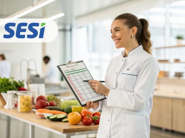 Profissional de nutrição planejando serviços de alimentação em cozinha industrial moderna, representando oportunidade de carreira no SESI.