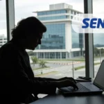 profissional administrativo digitando em notebook diante do campus SENAI/SC de Florianópolis.