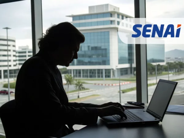 profissional administrativo digitando em notebook diante do campus SENAI/SC de Florianópolis.