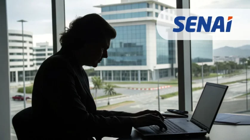 profissional administrativo digitando em notebook diante do campus SENAI/SC de Florianópolis.