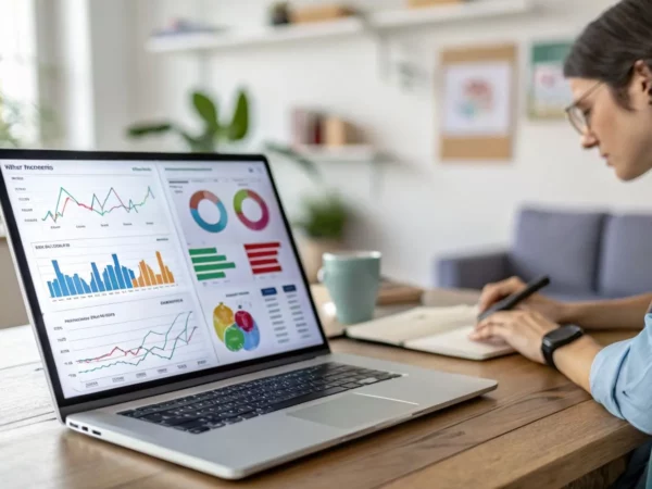 Profissional home office analisando dados em tela de computador