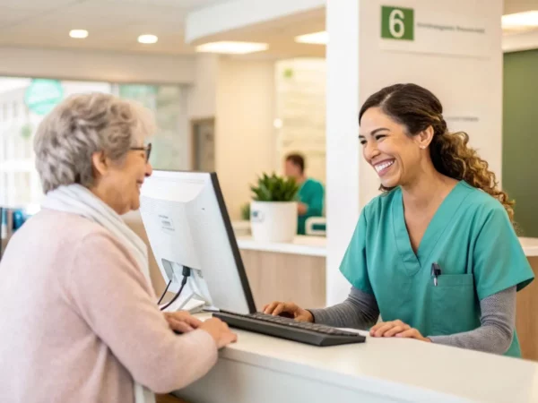 Profissional atendendo cliente em balcão de unidade de saúde, sorrindo e utilizando computador para cadastro, representando o atendimento humanizado na Unimed