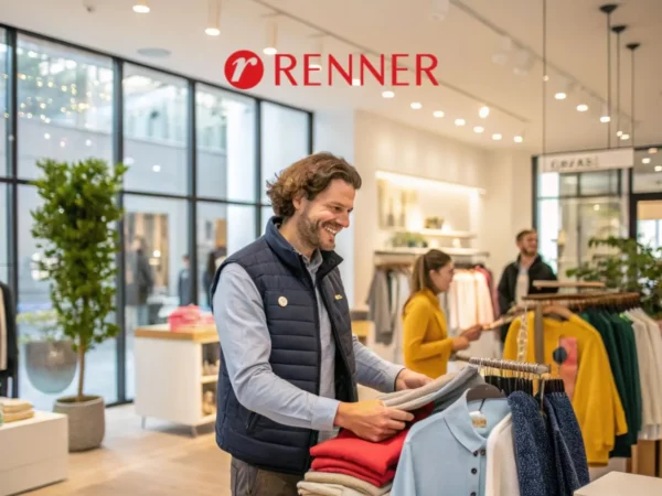 Colaborador da Renner organizando roupas em loja de moda, sorrindo e atendendo clientes em ambiente moderno e acolhedor