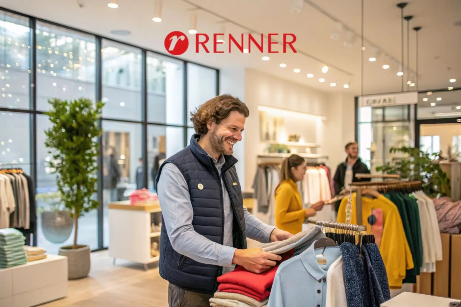 Colaborador da Renner organizando roupas em loja de moda, sorrindo e atendendo clientes em ambiente moderno e acolhedor