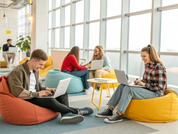 Áreas com mais empregos em Santa Catarina em 2025. Jovens profissionais em coworking.