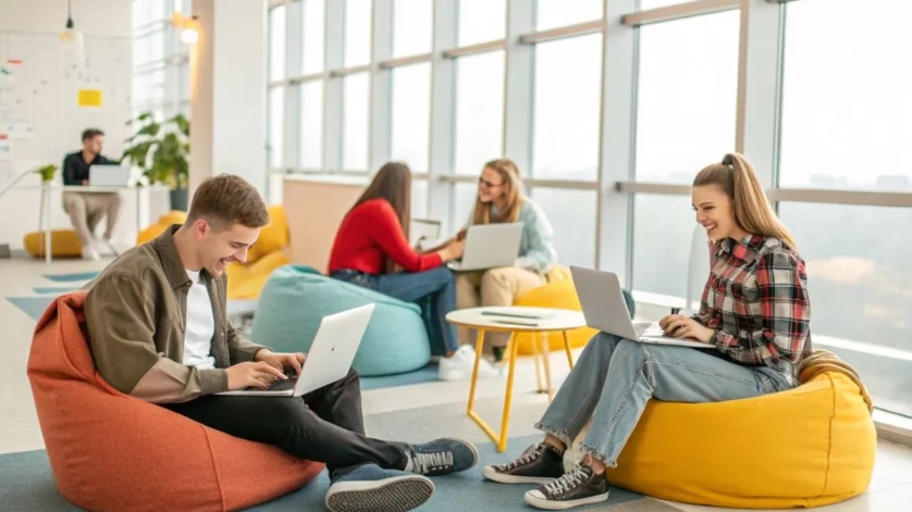 Áreas com mais empregos em Santa Catarina em 2025. Jovens profissionais em coworking.