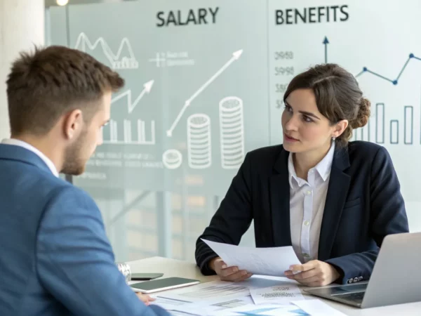 Pessoa confiante negociando salário com gestor em ambiente corporativo, com gráficos e benefícios destacados ao fundo.