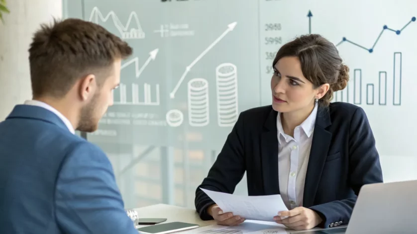 Pessoa confiante negociando salário com gestor em ambiente corporativo, com gráficos e benefícios destacados ao fundo.