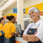 Profissional com mais de 50 anos trabalhando em loja de varejo com simpatia e dedicação, representando inclusão no mercado de trabalho.