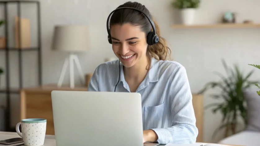 Profissional sorridente trabalhando remotamente em videoconferência, representando engajamento e sucesso no atendimento ao cliente em ambiente home office.