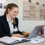 Assistente administrativa do SESC digitando relatórios em ambiente acolhedor com materiais organizados e elementos que representam ações educativas e sociais.