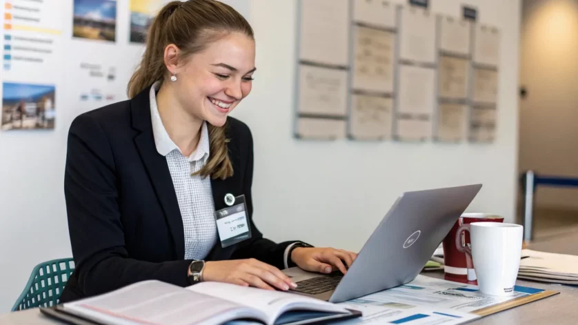 Assistente administrativa do SESC digitando relatórios em ambiente acolhedor com materiais organizados e elementos que representam ações educativas e sociais.