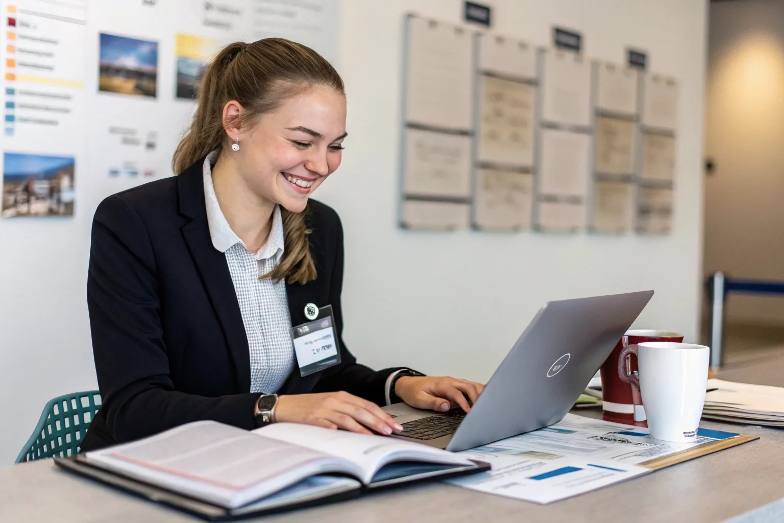 Assistente administrativa do SESC digitando relatórios em ambiente acolhedor com materiais organizados e elementos que representam ações educativas e sociais.