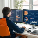 Analista de QA em home office diante de dois monitores com código e métricas de qualidade, mesa organizada e logo do SENAI/SC ao fundo.