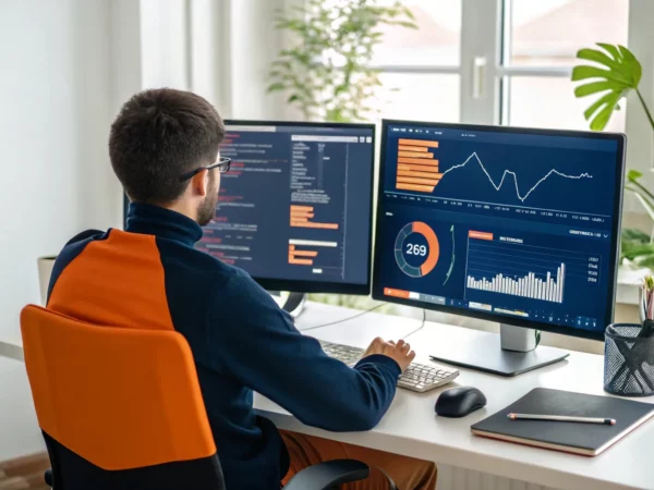 Analista de QA em home office diante de dois monitores com código e métricas de qualidade, mesa organizada e logo do SENAI/SC ao fundo.