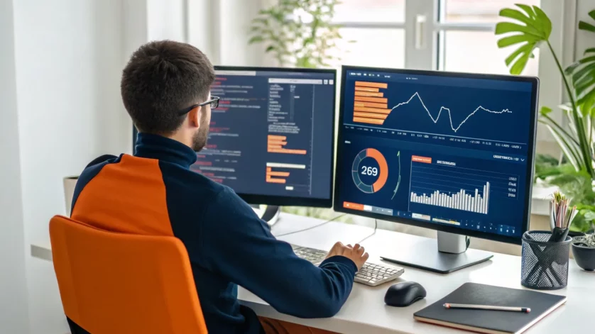 Analista de QA em home office diante de dois monitores com código e métricas de qualidade, mesa organizada e logo do SENAI/SC ao fundo.