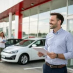 Profissional sorridente ao lado de carro em ambiente externo, usando traje social e segurando um tablet, representando gerente de financiamentos do Bradesco em Florianópolis.