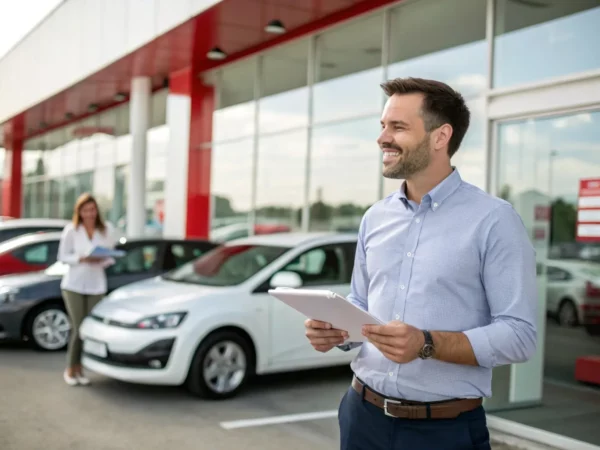 Profissional sorridente ao lado de carro em ambiente externo, usando traje social e segurando um tablet, representando gerente de financiamentos do Bradesco em Florianópolis.
