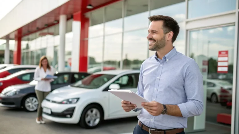Profissional sorridente ao lado de carro em ambiente externo, usando traje social e segurando um tablet, representando gerente de financiamentos do Bradesco em Florianópolis.